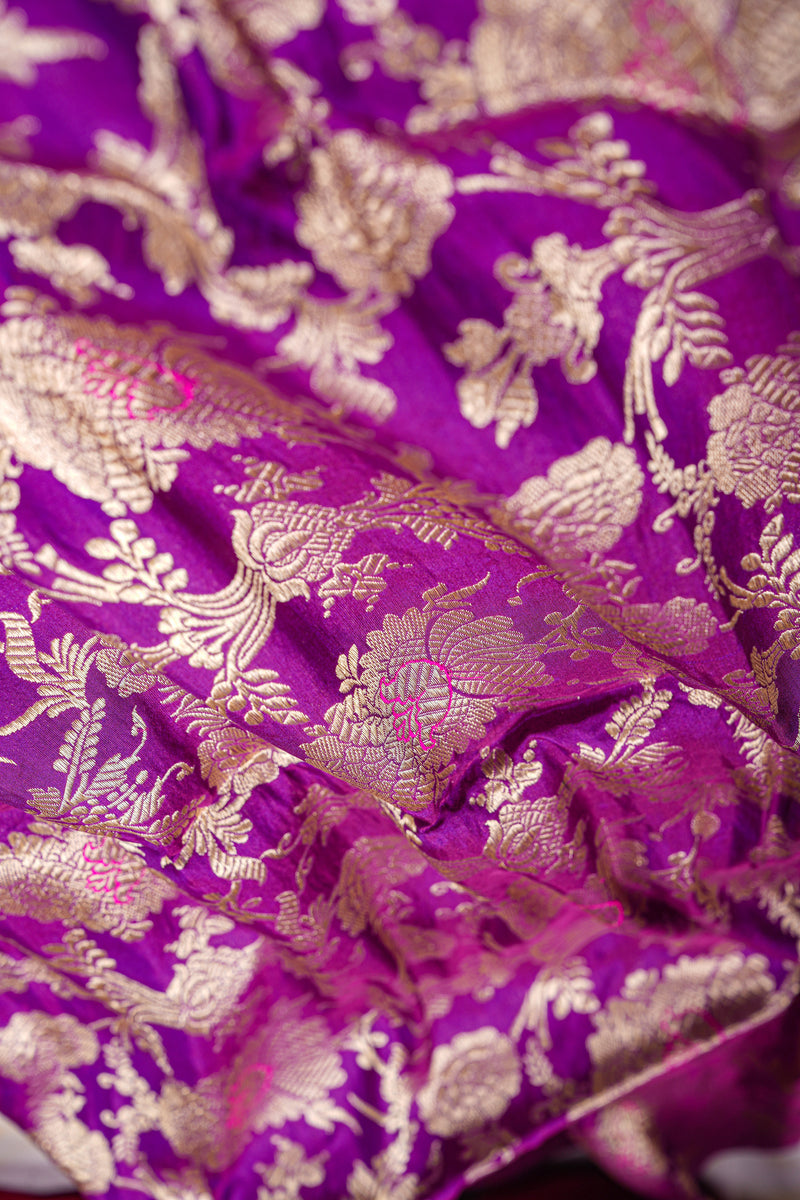 Handloom Banarasi Brocade Silk Fabric - Purple