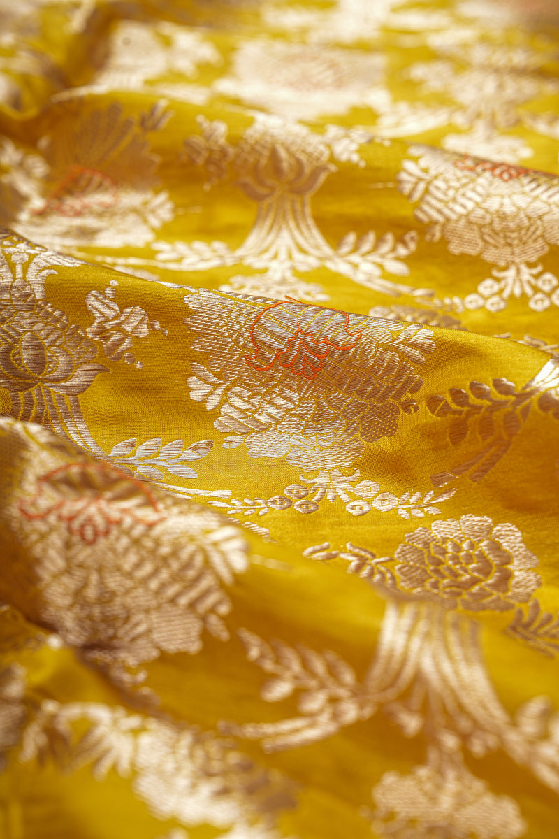 Handloom Banarasi Brocade Silk Fabric - Yellow