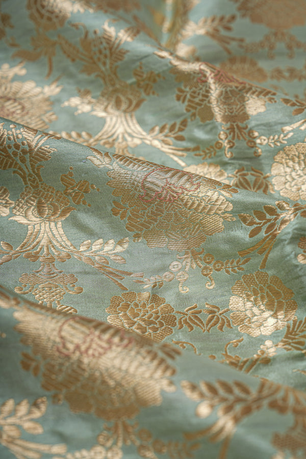 Handloom Banarasi Brocade Silk Fabric - Cyan