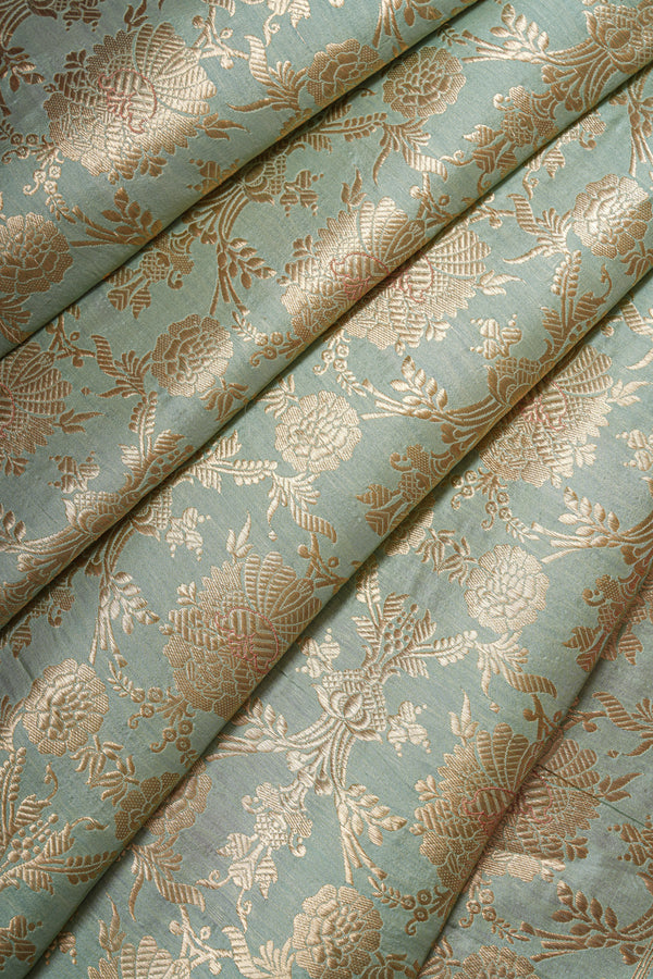 Handloom Banarasi Brocade Silk Fabric - Cyan