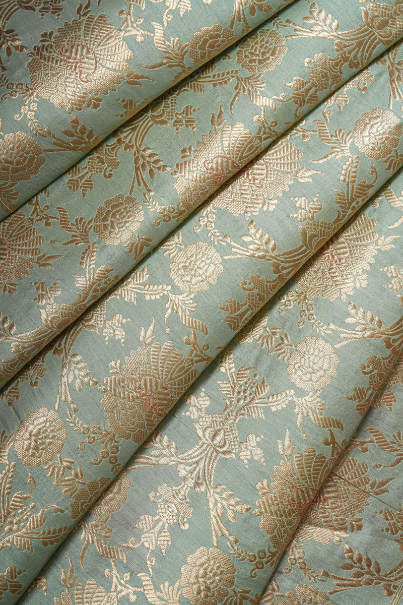 Handloom Banarasi Brocade Silk Fabric - Cyan