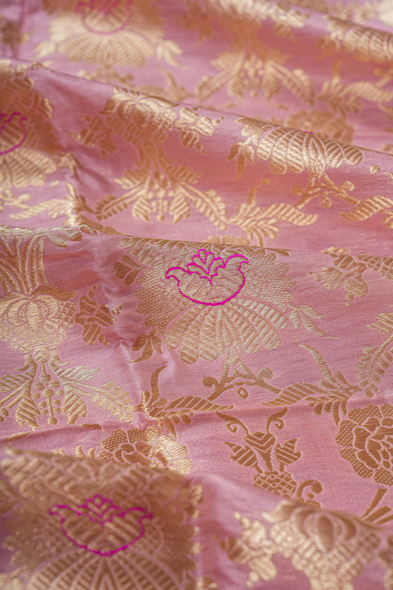 Handloom Banarasi Brocade Silk Fabric - Pastel Pink