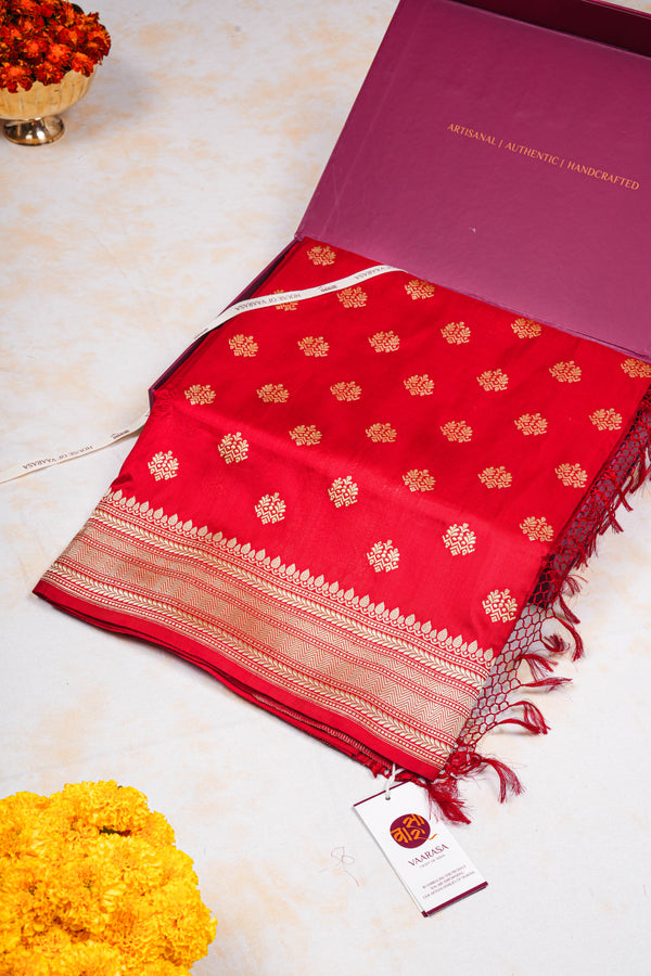 Real Zari Handloom Kadhua Banarasi Katan Silk Saree - Butidar - Red Chevron