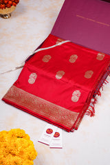 Real Zari Handloom Kadhua Banarasi Katan Silk Saree - Butidar - Red Floral