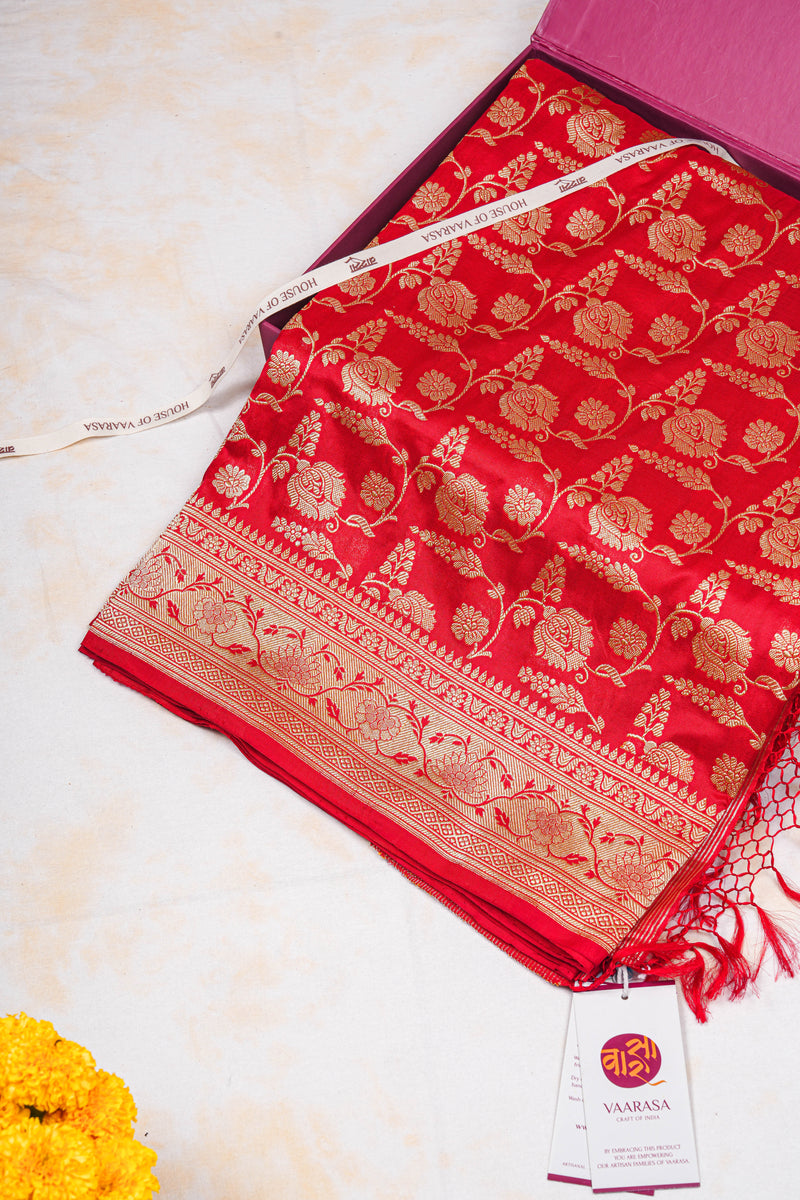 Real Zari Handloom Kadhua Banarasi Katan Silk Saree - Jaangla - Red