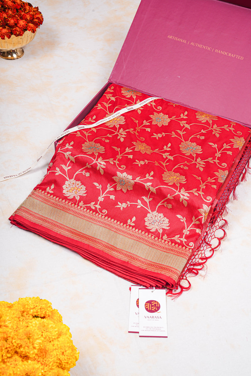 Real Zari Handloom Kadhua Banarasi Katan Silk Saree - Jaangla - Red Minakari