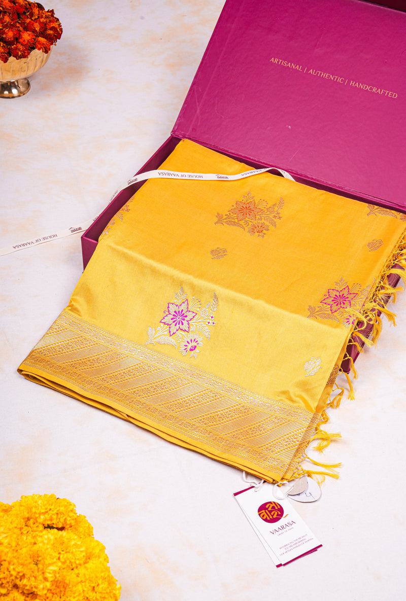 Real Zari Handloom Kadhua Banarasi Katan Silk Saree - Butidar - Yellow Pink Minedar