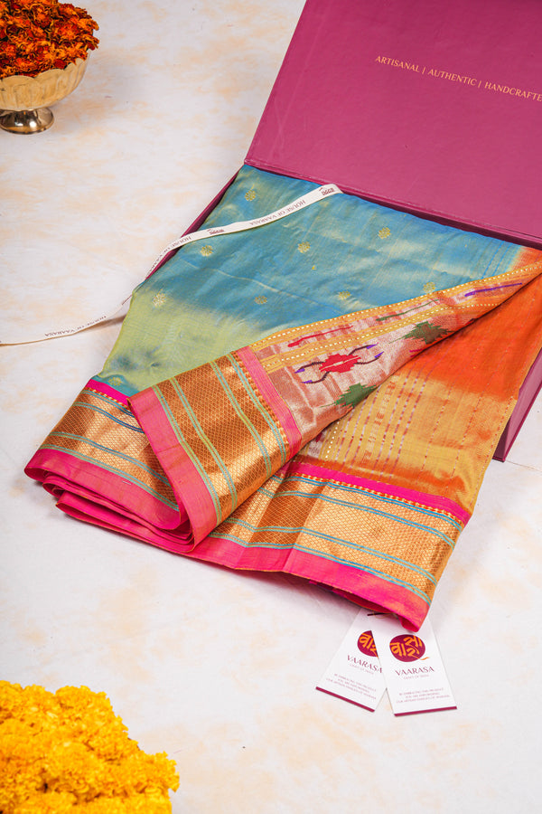 Handloom Paithani Silk Saree - Tawa Pallu - Cyan