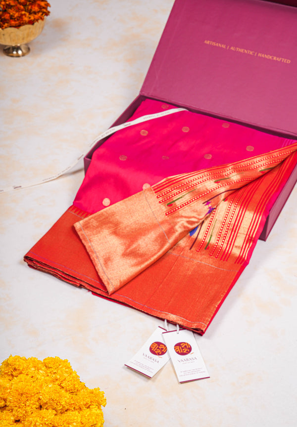 Handloom Paithani Silk Saree - Pink Peacock Motif Plain Border