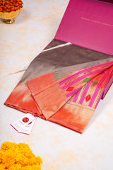 Handloom Paithani Silk Saree - Rustic Gold Parrot Peacock Plain Boder