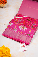 Handloom Ikat Silk Saree-Pink Elephant and Parrot Motif