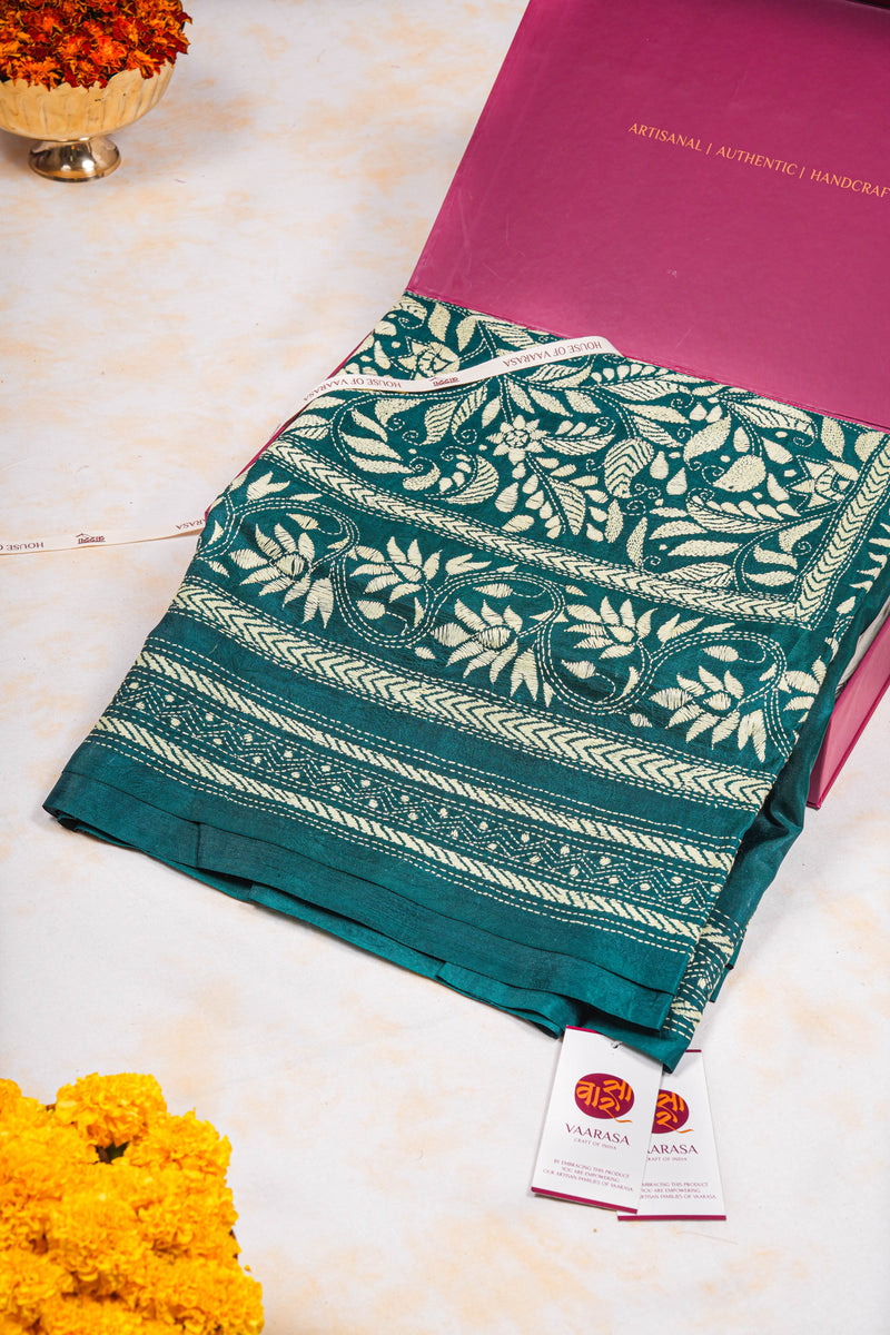 Handembroidered Kantha Silk Saree - Bottle Green