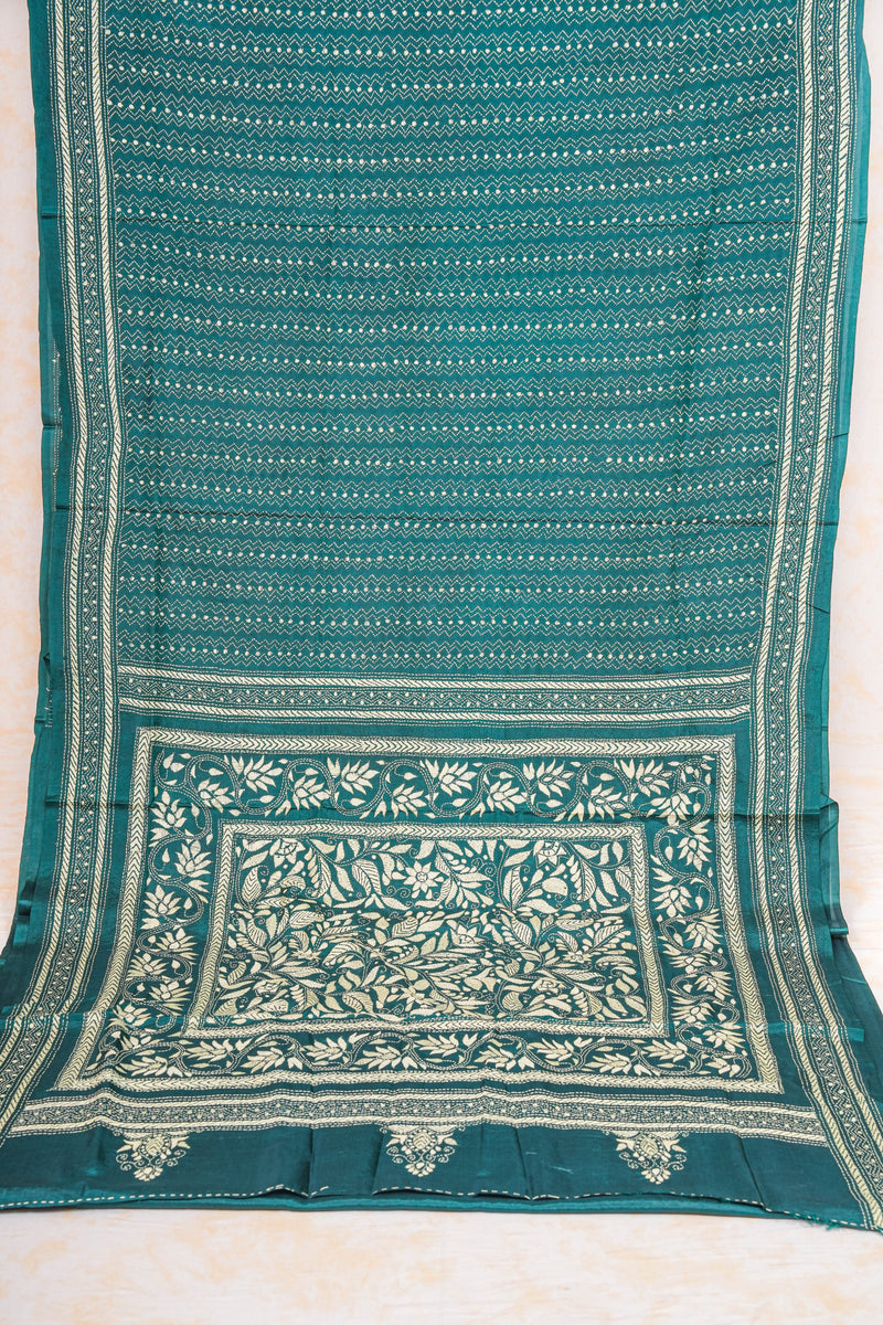 Handembroidered Kantha Silk Saree - Bottle Green