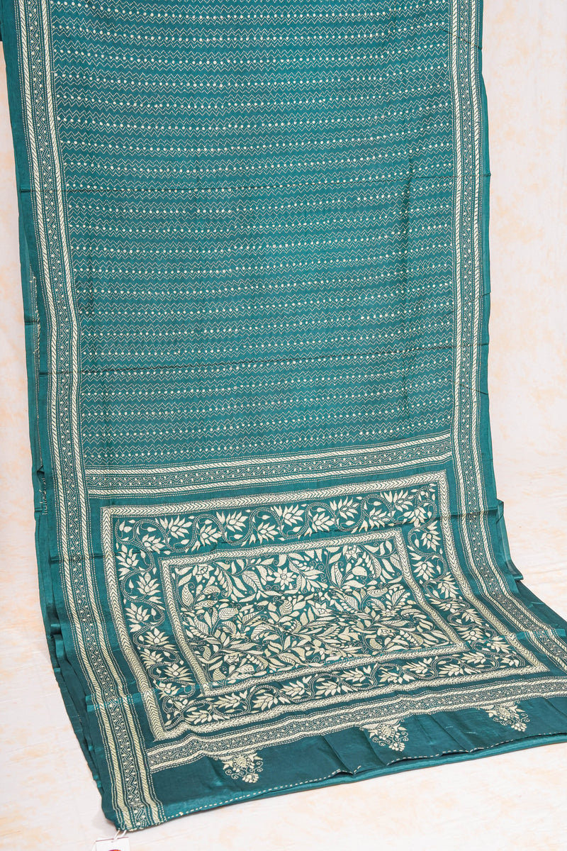 Handembroidered Kantha Silk Saree - Bottle Green