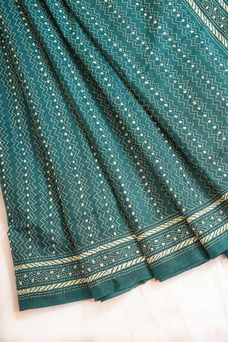 Handembroidered Kantha Silk Saree - Bottle Green