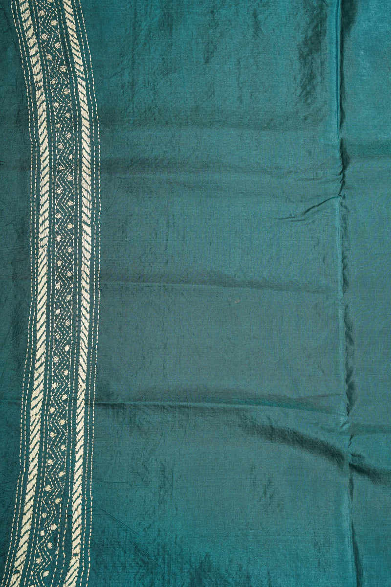 Handembroidered Kantha Silk Saree - Bottle Green