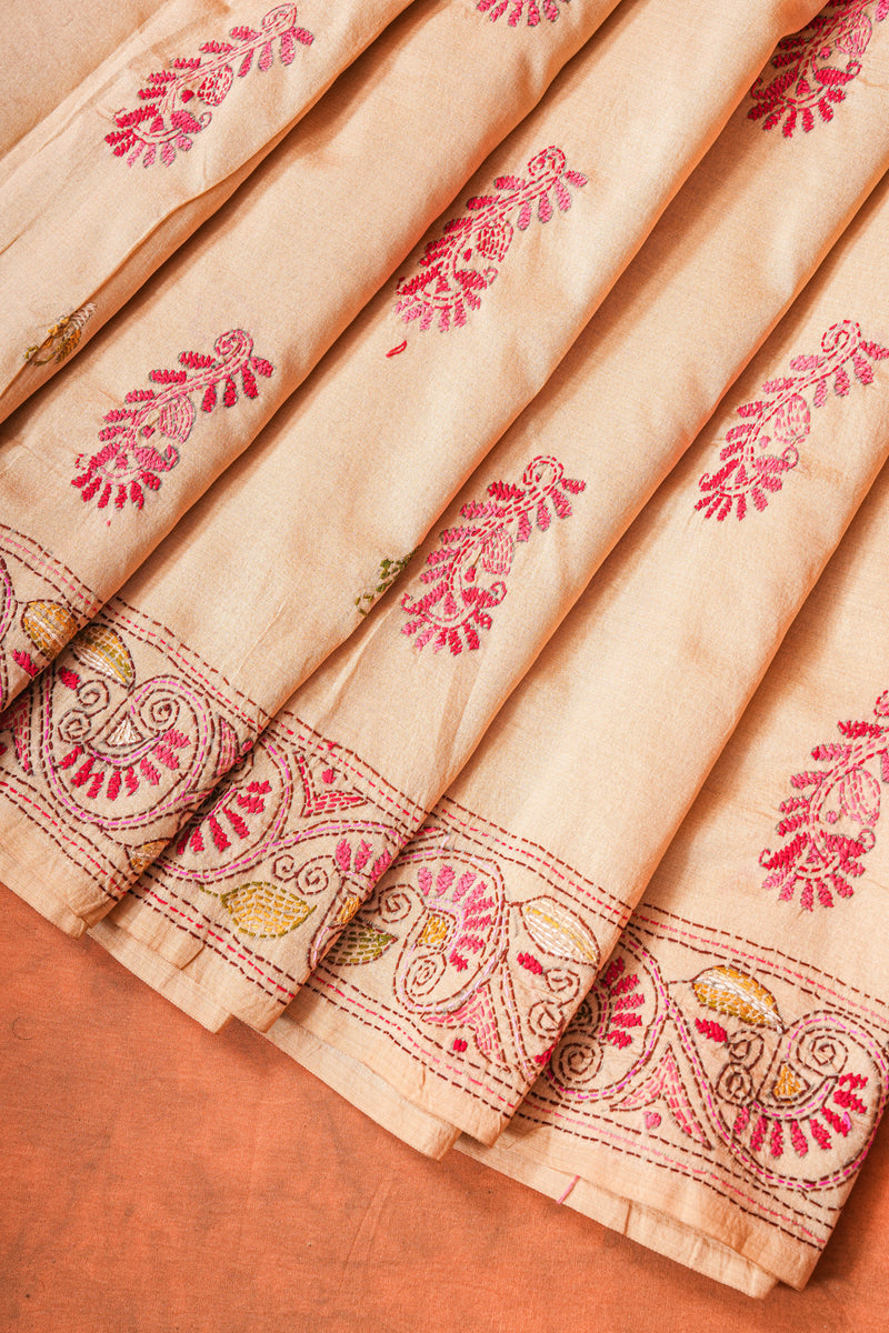 Handembroidered Kantha Silk Saree - Beige