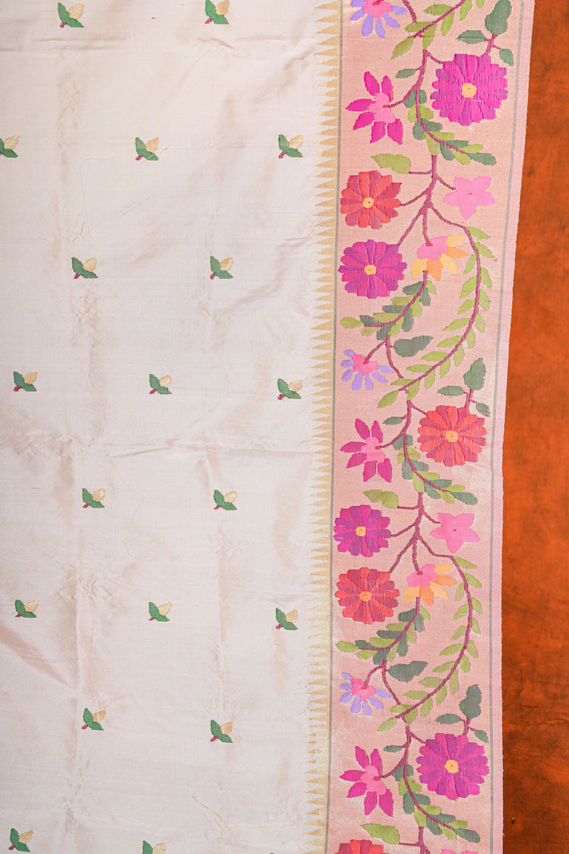 Handloom Paithani Silk Saree - Off White Floral All Over