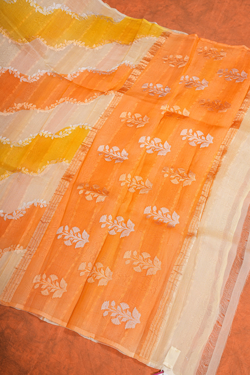 Handloom Kadhua Banarasi Kora Silk Saree - Leheria Floral - Yellow, Musturd