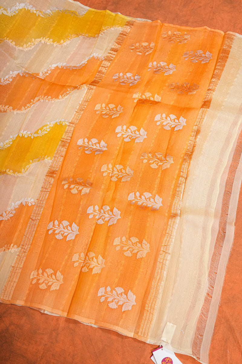 Handloom Kadhua Banarasi Kora Silk Saree - Leheria Floral - Yellow, Musturd