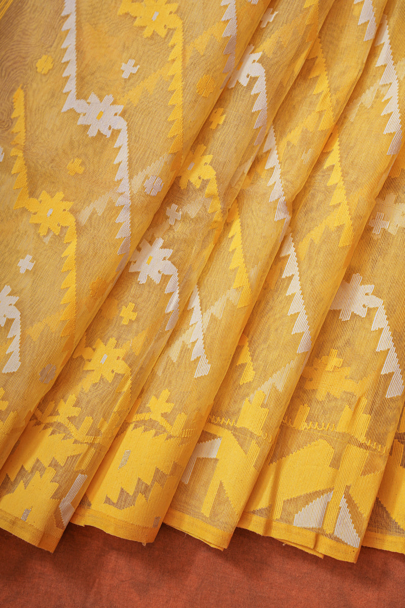 Exclusive Handloom Muslin Jamdani Jamdani Saree - Yellow White