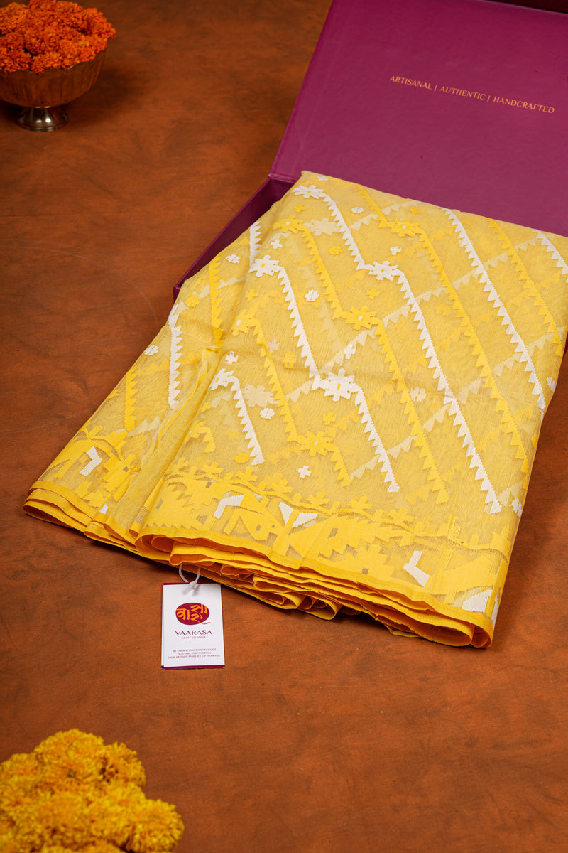 Exclusive Handloom Muslin Jamdani Jamdani Saree - Yellow White