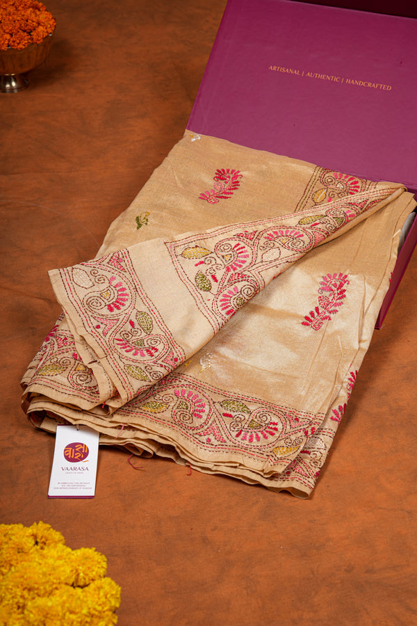 Handembroidered Kantha Silk Saree - Beige