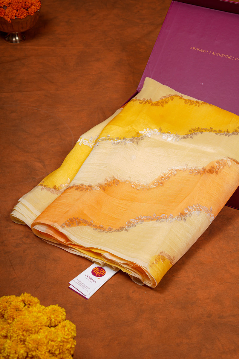 Handloom Kadhua Banarasi Kora Silk Saree - Leheria Floral - Yellow, Musturd