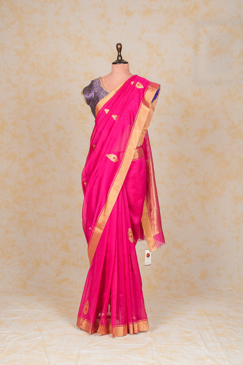 Handloom Cotton Silk Chanderi Saree Dark Pink Gold Red Buta