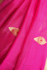 Handloom Cotton Silk Chanderi Saree Dark Pink Gold Red Buta