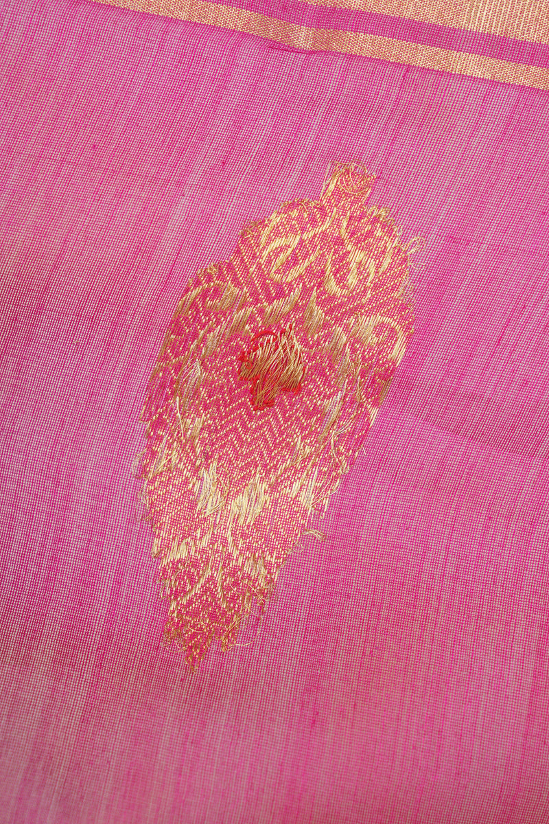 Handloom Cotton Silk Chanderi Saree Dark Pink Gold Red Buta