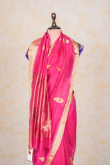 Handloom Cotton Silk Chanderi Saree Dark Pink Gold Red Buta