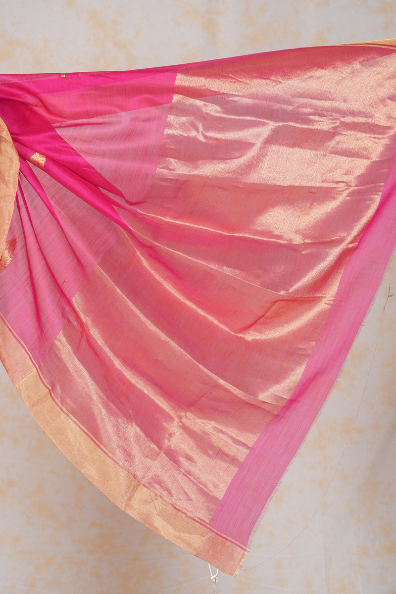 Handloom Cotton Silk Chanderi Saree Dark Pink Gold Red Buta