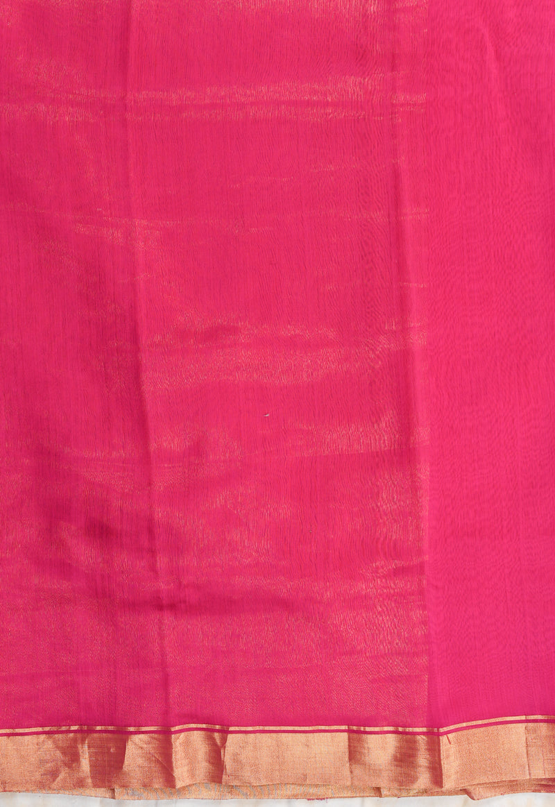 Handloom Cotton Silk Chanderi Saree Dark Pink Gold Red Buta