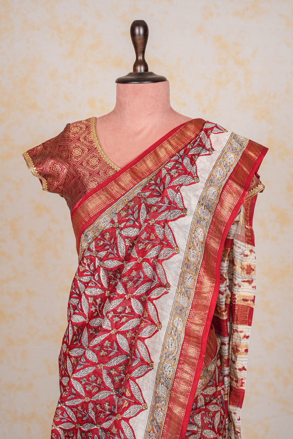 Cotton Hand Block Print Saree With Zari Border - Red White