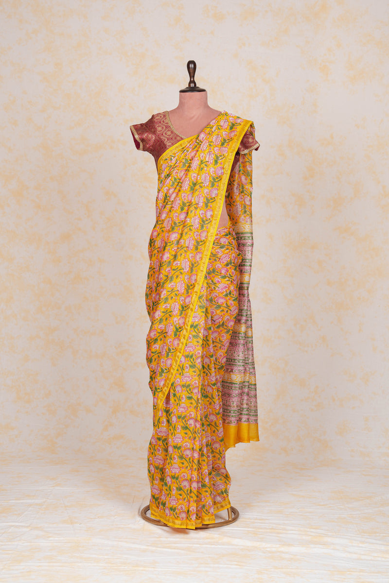 Cotton Hand Block Print Sarees Yellow