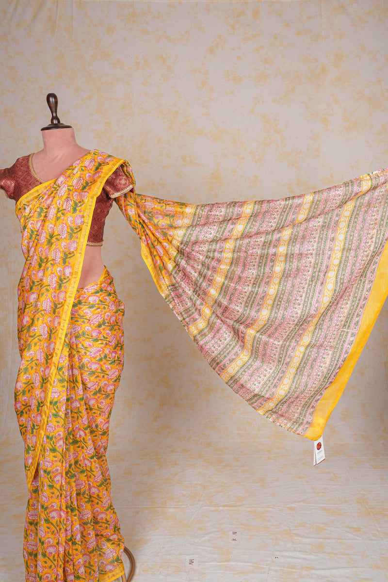 Cotton Hand Block Print Sarees Yellow