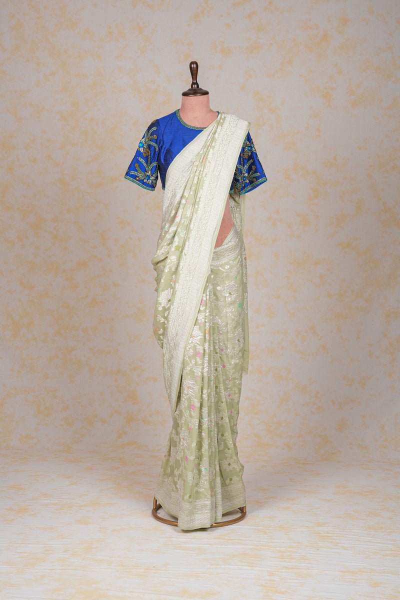 Handloom Georgette Banarasi Silk Saree - Jaal - Pastel Green Minakari