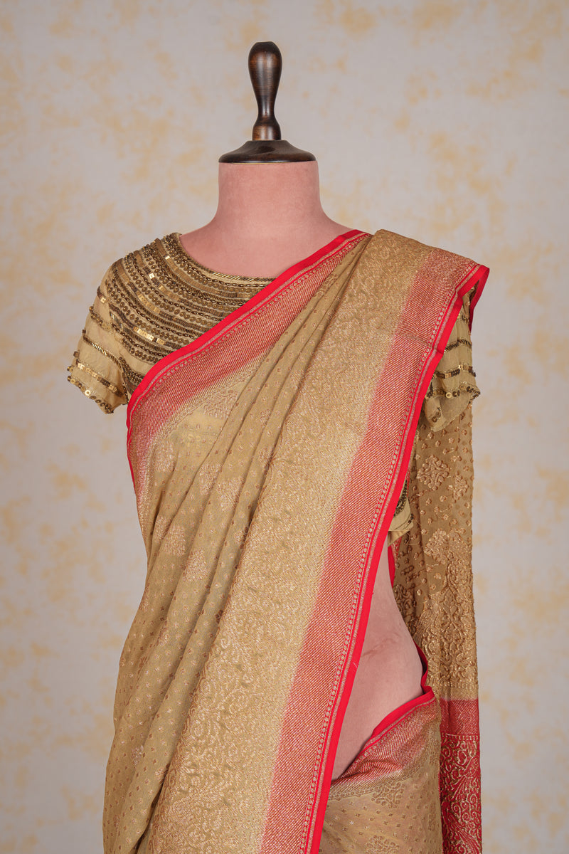 Handloom Georgette Banarasi Silk Saree - Butidar - Beige Red