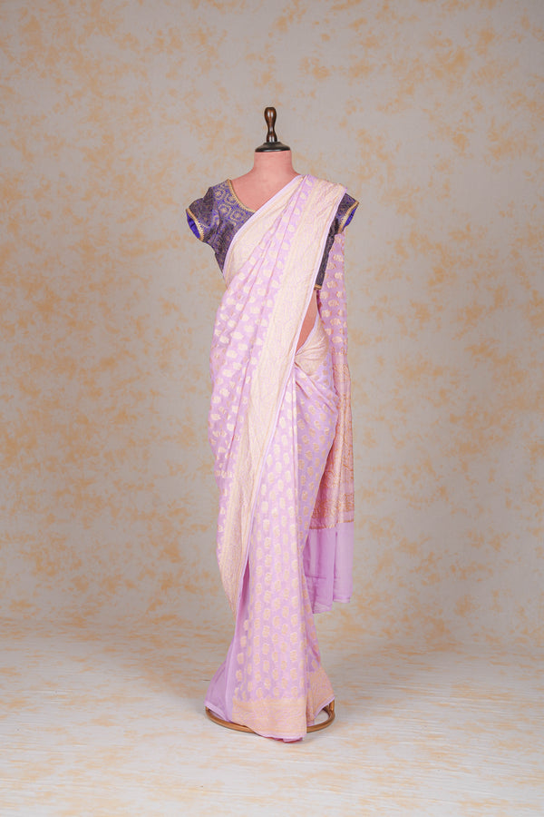 Handloom Georgette Banarasi Silk Saree - Butidar- Lilac