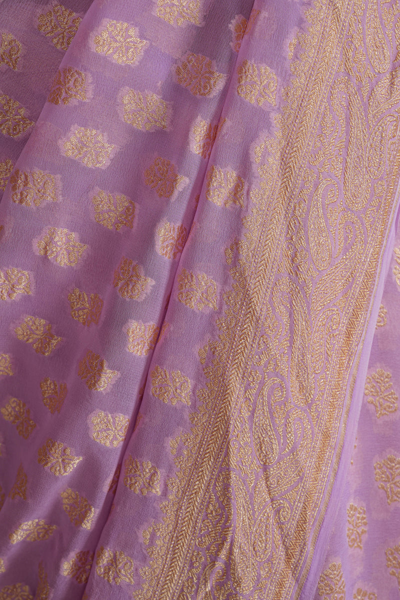 Handloom Georgette Banarasi Silk Saree - Butidar- Lilac