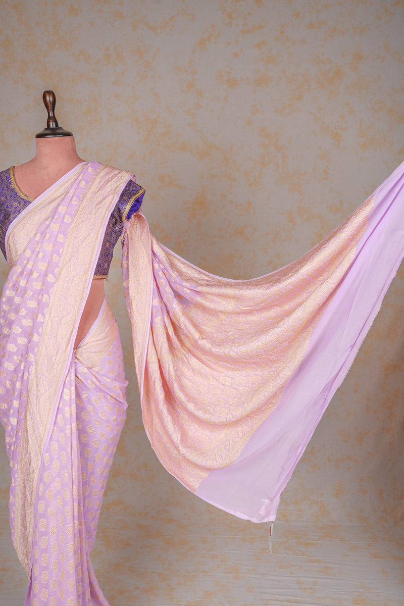 Handloom Georgette Banarasi Silk Saree - Butidar- Lilac