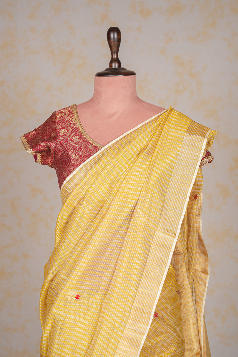 Handloom Chanderi Silk Saree Yellow Striped Floral Red Buta