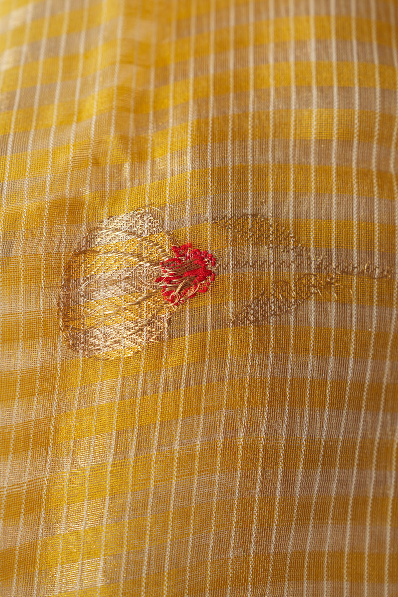 Handloom Chanderi Silk Saree Yellow Striped Floral Red Buta