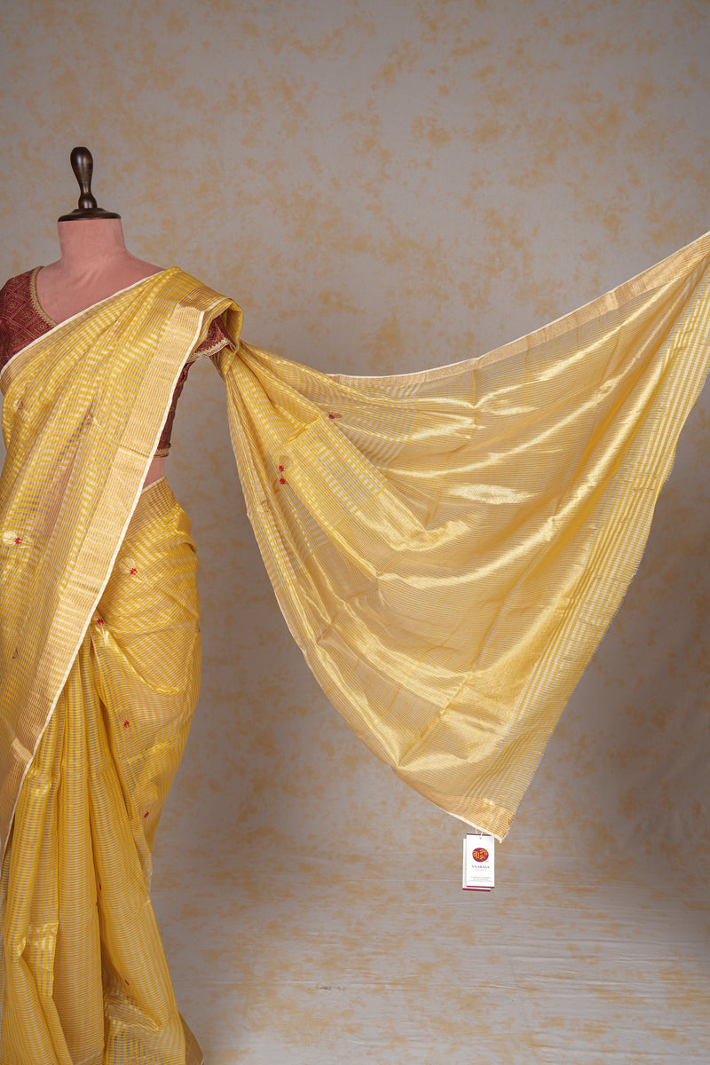 Handloom Chanderi Silk Saree Yellow Striped Floral Red Buta