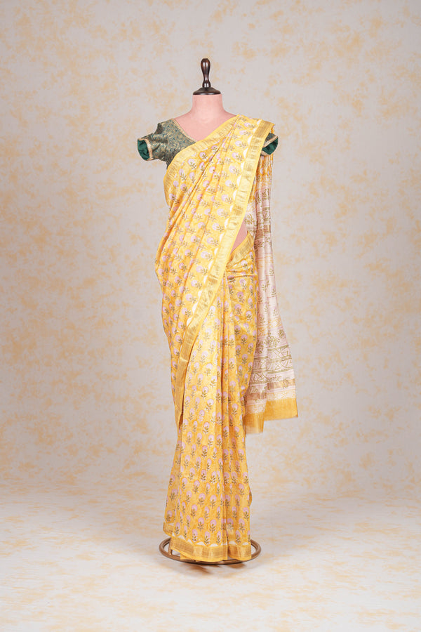 Cotton Hand Block Print Saree With Zari Border- Yellow