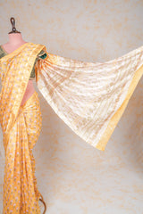 Cotton Hand Block Print Saree With Zari Border- Yellow