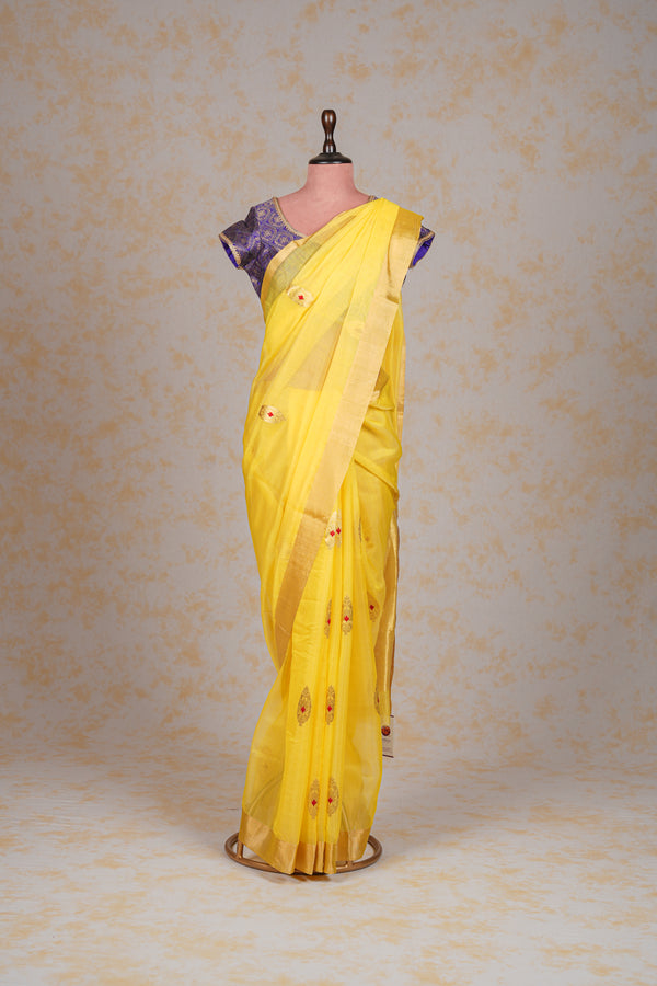 Handloom Cotton Silk Chanderi Saree Lemon Yellow Gold Red Buta