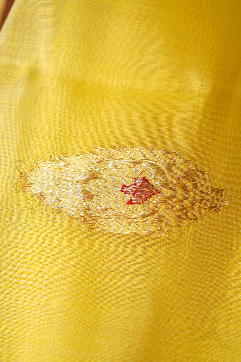 Handloom Cotton Silk Chanderi Saree Lemon Yellow Gold Red Buta