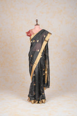 Handloom Cotton Silk Chanderi Saree Black Gold Floral Buta